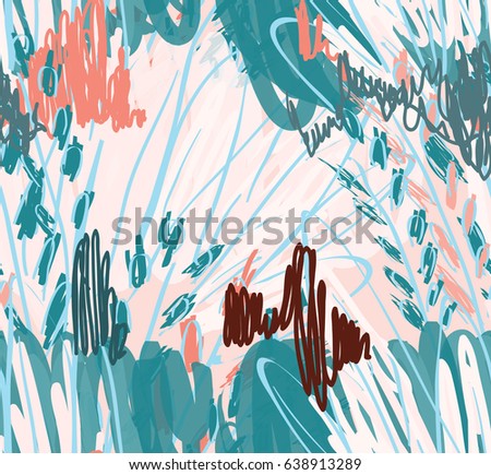 Kids drawing and doodling with marker brush and abstract trees.Abstract seamless pattern. Universal bright background for greeting cards, invitations. Had drawn ink and marker watercolor texture.