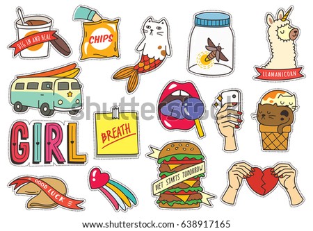 Set of fashion cute patches with car, burger, ice cream cone etc
