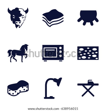 Domestic icons set. set of 9 domestic filled icons such as udder, horse, goat, sponge, ironing table, table lamp