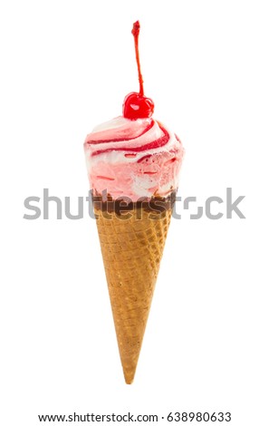 Ice cream with maraschino cherry in waffle cone isolated on white background.