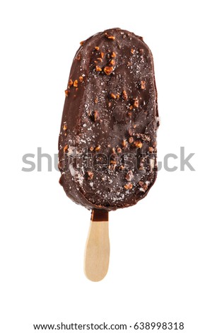 Ice cream covered with chocolate and almonds on stick isolated on white background.