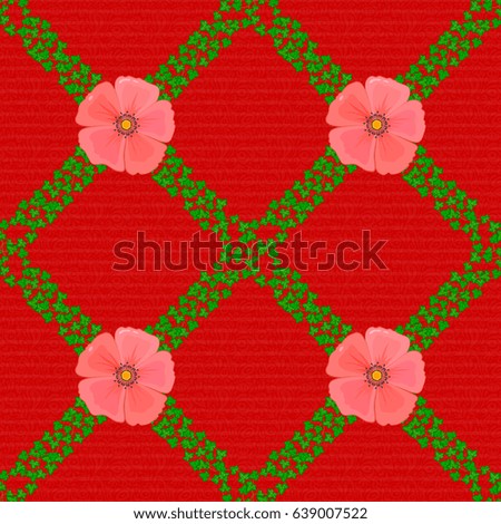 Seamless vector pattern on a red background with cute cosmos flowers. Floral background.