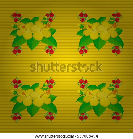 Traditional Indian floral seamless pattern with motley hibiscus flowers on a yellow background. Vector illustration.