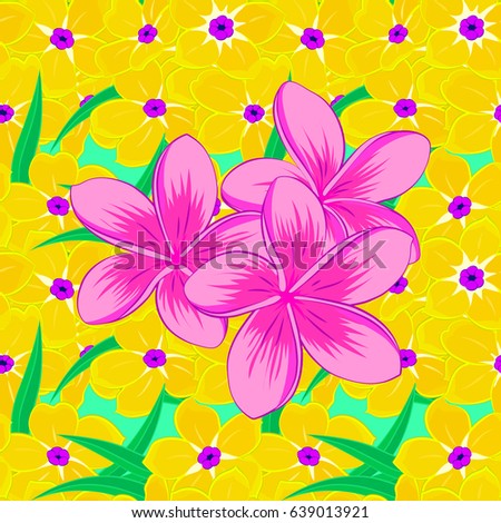 Beautiful watercolor plumeria flowers on a green background. Bright painting inspired plumeria flower print. Vector seamless background.