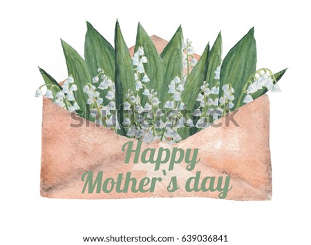 Watercolor envelope with flowers, lilly of the valley, Happy Mother`s day