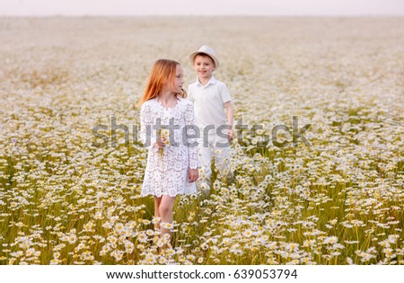 Happy kids on the field of chamomiles
