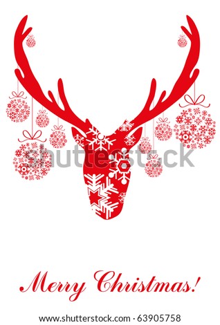 Vector illustration of red head of deer with Christmas balls