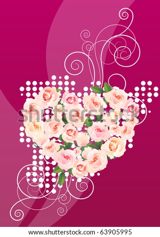 Beautiful greeting card with heart made of roses. Raster version. Vector version is in my gallery.