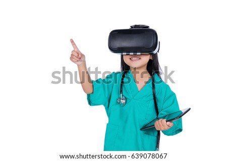 Asian Little Chinese Girl playing doctor with tablet and VR goggles in isolated white background