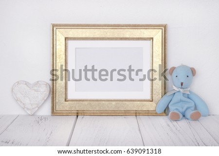 Stock photography golden picture frame cute blue bear mock up for text message