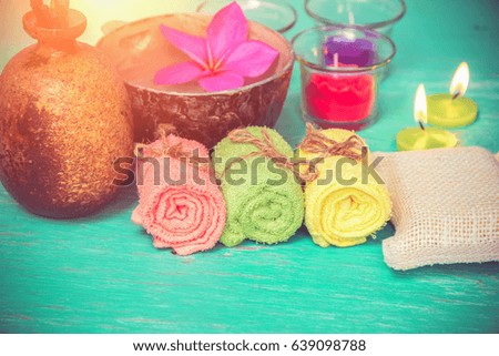 Close up view of spa theme objects on wood  background.