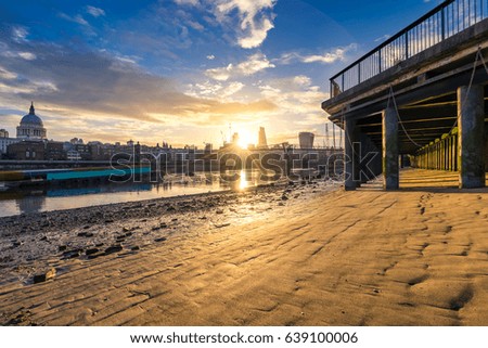 Morning panorama of London skyline with sun flare