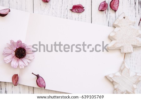 Stock Photography Stock Photography flat lay vintage white painted wood table white note book craft flower petals