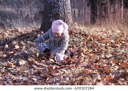Little happy girl in a striped sweater, walks in autumn park throws up fallen maple leaves