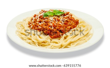 Spaghetti bolognese on a white plate Royalty-Free Stock Photo #639155776