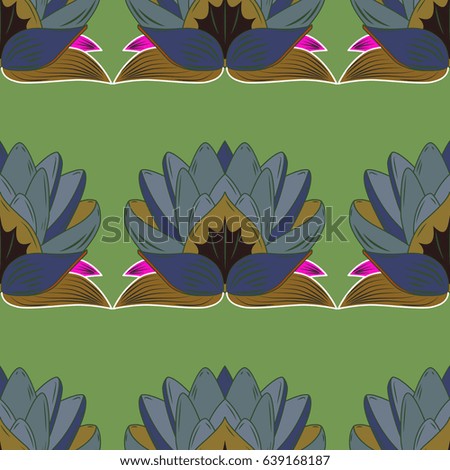 Varicolored seamless illustration. Tropical seamless pattern with many blue and pink abstract flowers.