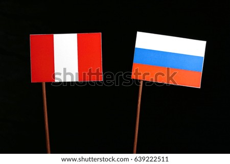 Peruvian flag with Russian flag isolated on black background