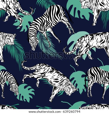 Exotic animal pattern, zebra and tiger, seamless vector illustration