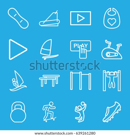 Active icons set. set of 16 active outline icons such as baby bid, finger pressing play button, treadmill, bar   tightening, barbell, play, surfing, skateboard