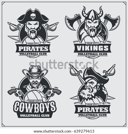 Volleyball badges, labels and design elements. Sport club emblems with pirate,cowboy and viking.