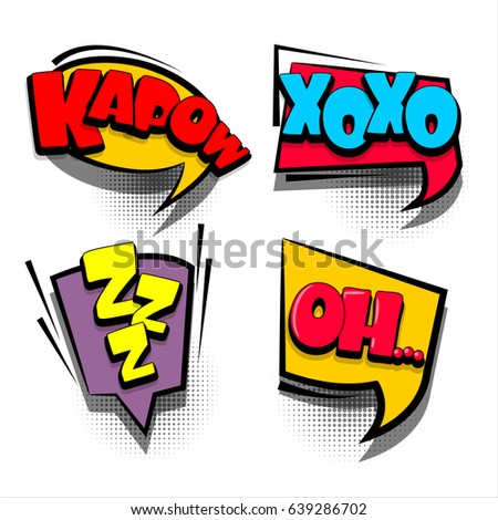 4 Funny set comic book cartoon text phrase kapow, xoxo, zzz, oh. Colored dialog box cloud. Abstract creative hand drawn vector colorful speech bubble. Balloon on halftone dot background pop art style.