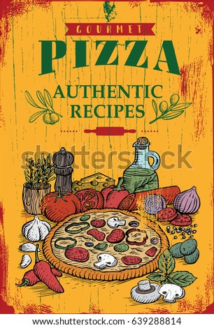 Hand drawn pizza and ingredients on a wooden board, vector illustration