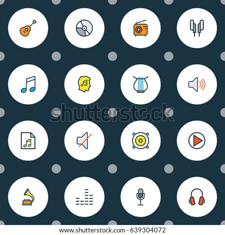 Music Colorful Outline Icons Set. Collection Of Mixer, Circle, Sound And Other Elements. Also Includes Symbols Such As Play, Phonograph, Guitar.