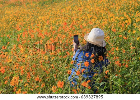 Women who are using mobile phones to take pictures of flowers in the garden.