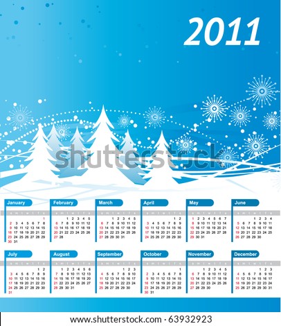 Vector 2011 Calendar with christamas trees, waves and snowflakes Royalty-Free Stock Photo #63932923