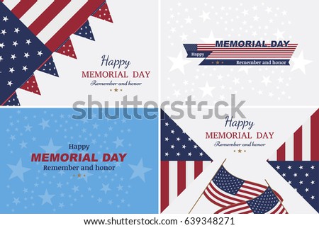 Happy Memorial Day greeting cards set with flag on background. National American holiday event.