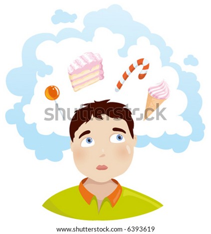 Young man dreaming about sweet. Background