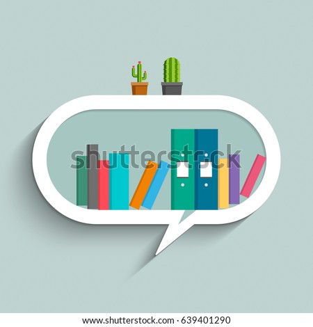 Bookshelf in form of speech bubble with colorful books and cactus on blue pastel color background. Flat design. Vector illustration.