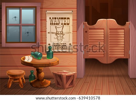 Wild west background scene - door of the saloon, table with chair and poster with cowboy face and the inscription is wanted. Vector illustration. Royalty-Free Stock Photo #639410578