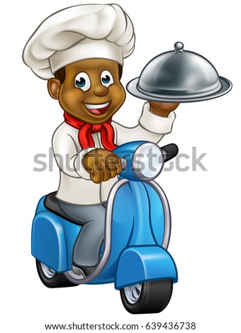 Cartoon black chef or baker character riding a delivery moped motorbike scooter and holding a silver cloche food meal plate platter tray