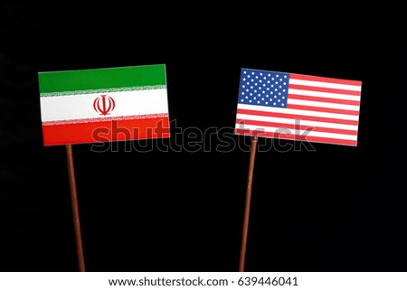 Iranian flag with USA flag isolated on black background