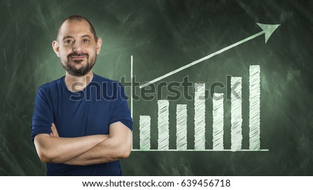 Funny man in comic strip in front of wallboard with statistics 