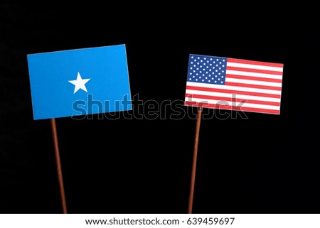 Somalian flag with USA flag isolated on black background