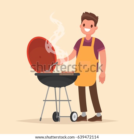 Man is cooking a barbecue grill. Fry meat and sausages on fire. Vector illustration in flat style