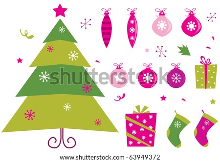 Pink and green retro christmas icons and elements. Retro christmas set: pink & green christmas tree, presents and balls. Vector illustration.