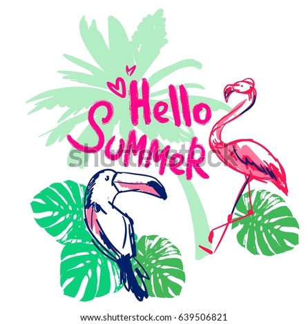 Print on tropical theme vector illustration, hello summer illustration, flamingo, toucan. 