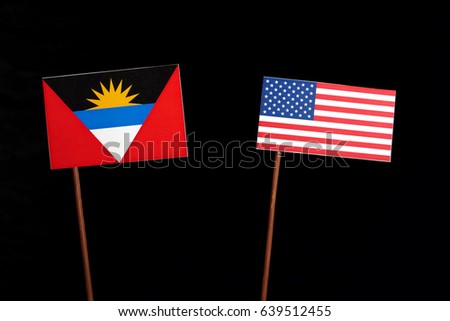 Antigua and Barbuda flag with USA flag isolated on black background