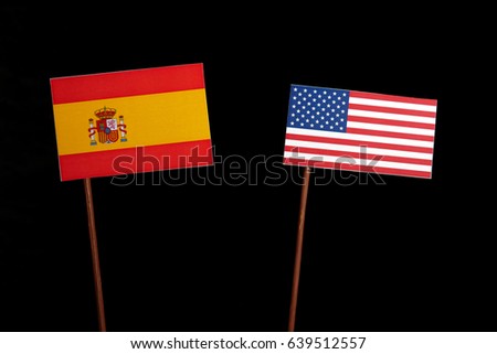 Spanish flag with USA flag isolated on black background