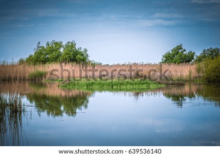 Danube Delta in Tulcea county, Romania. Canal with trees and vegetation reflected in the water. Specific landscape of this area.