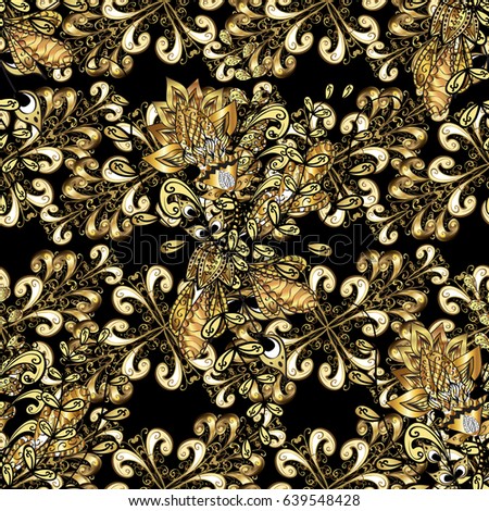 Golden element on black background. Gold Wallpaper on texture background. Gold floral ornament in baroque style. Damask seamless repeating background.