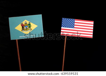 Delaware State flag with USA flag isolated on black background