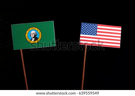 Washington State flag with USA flag isolated on black background