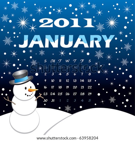 Raster version of Illustration of 2011 Calendar. Winter Scene, vector Illustration with starry night and snowflakes.