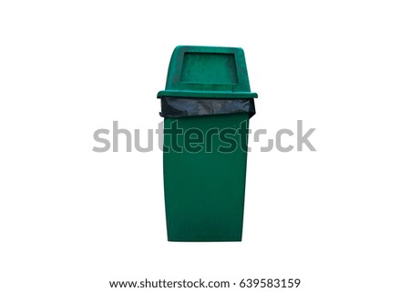 Old green recycle bin isolated on white background.