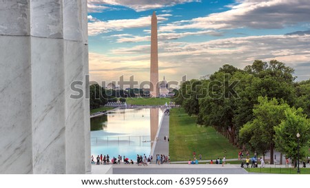 Washington Monument from Lincoln Memorial at sunset, Washington, DC, USA.