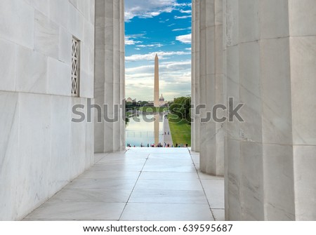 Lincoln Memorial and Washington Monument on the Reflecting Pool, Washington, DC, USA.
